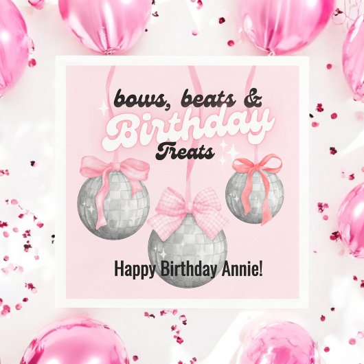 バブル文字ピンクの弓リボンシルバーディスコボール スタンダードカクテルナプキン