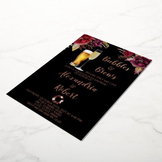 バブル&ブローズカップルウェディングシャワーバラ金ゴールド 箔招待状 (回転した状態)