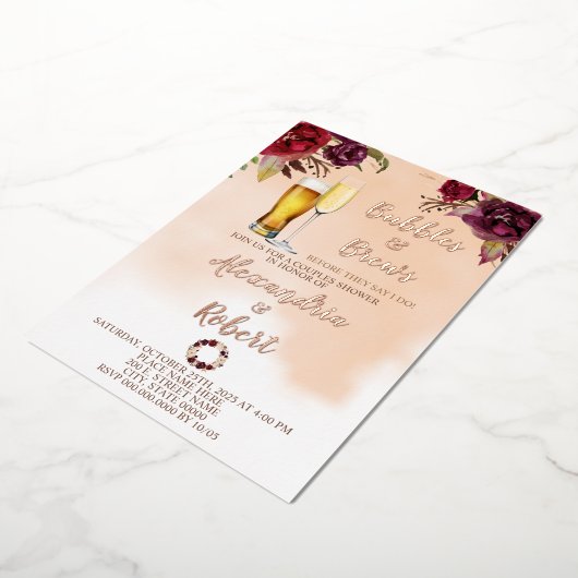 バブル&ブローズカップルウェディングシャワーバラ金ゴールド 箔招待状 (回転した状態)