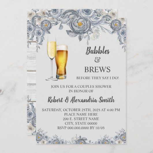 バブル&ブローズカップルズウェディングシャワーグレーフローラ 招待状 (正面/裏面)