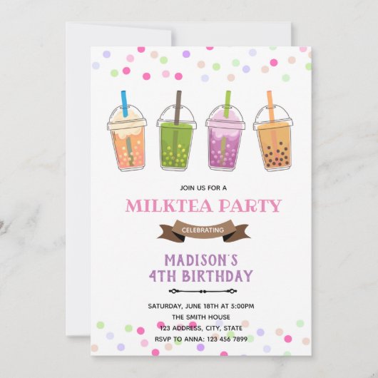 バブル·ボバ·ミルクティー·ガール誕生パーティー 招待状 (正面)