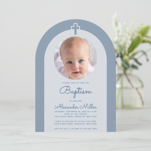 バプティスアーチボーイフォトダスティブルー《キリスト教》洗礼式や命名式 招待状 (スタンド正面)