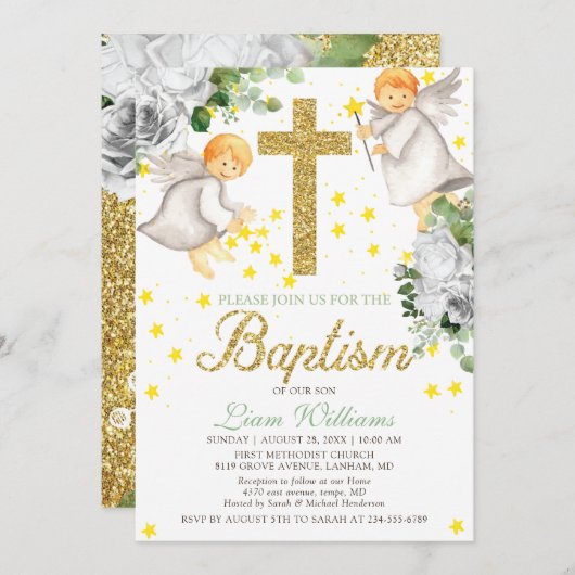 バプティスウォーターカラーエンジェル金ゴールドグリッター招待状 招待状 (正面/裏面)