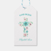 バプティスウォーターカラーピンクとティール（緑がかった色）フラワークロス ギフトタグ (正面)