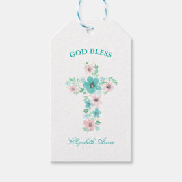 バプティスウォーターカラーピンクとティール（緑がかった色）フラワークロス ギフトタグ