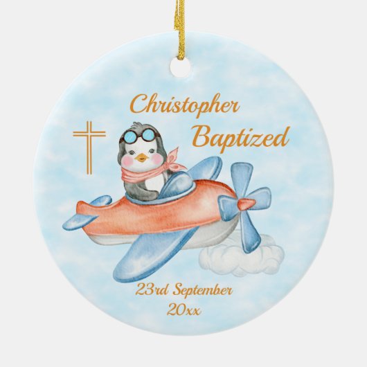 バプティスウォーターカラーベビーペンギン飛行機 セラミックオーナメント (裏面)