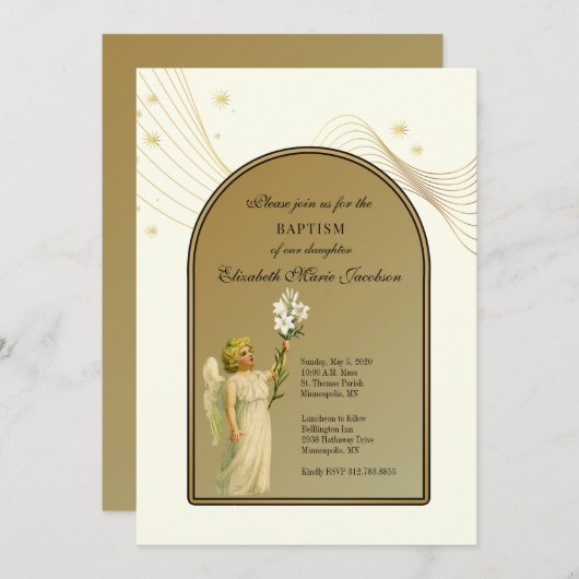バプティスガールまたは少年金ゴールド天使 招待状 (正面/裏面)