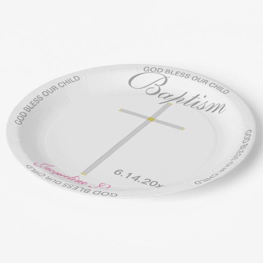 バプティスガールピンクネームシルバークロス ペーパープレート (アングル)