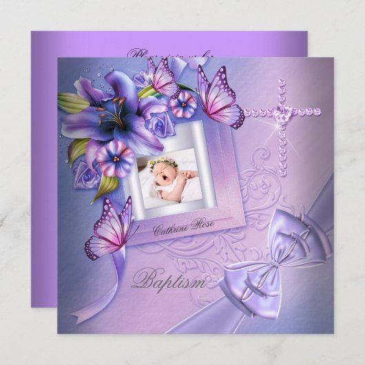 バプティスガールピンクパープルフォト《キリスト教》洗礼式や命名式 招待状 (正面/裏面)
