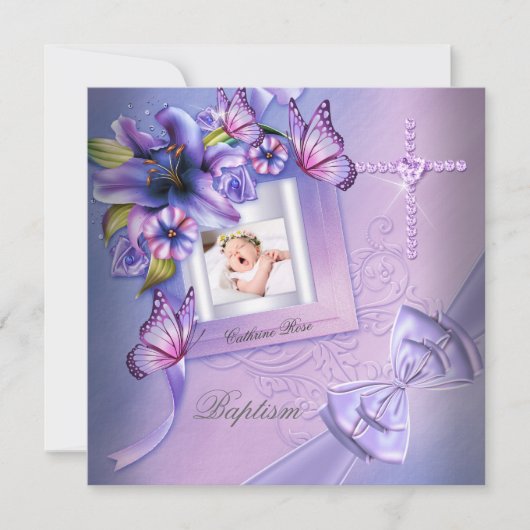 バプティスガールピンクパープルフォト《キリスト教》洗礼式や命名式 招待状 (正面)