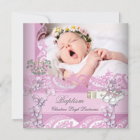 バプティスガールピンクホワイトフォト《キリスト教》洗礼式や命名式 招待状 (正面)