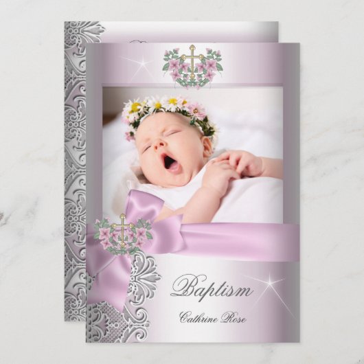 バプティスガールピンクホワイトレースフォト《キリスト教》洗礼式や命名式 招待状 (正面/裏面)