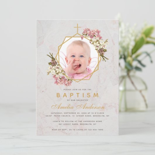バプティスガール写真フローラ金ゴールドピンクオーキッズマーブル 招待状 (スタンド正面)