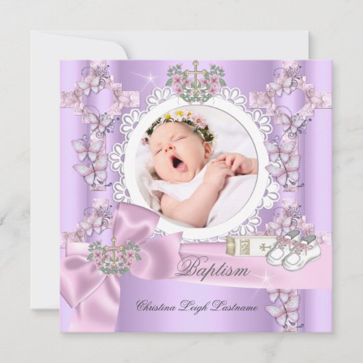 バプティスガール薄紫ピンクホワイトフォト《キリスト教》洗礼式や命名式 招待状 (正面)
