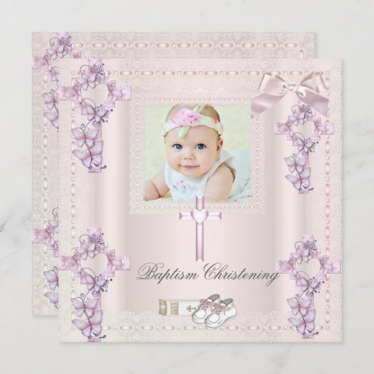 バプティスクリームピンククロスガールフォト《キリスト教》洗礼式や命名式 招待状 (正面/裏面)