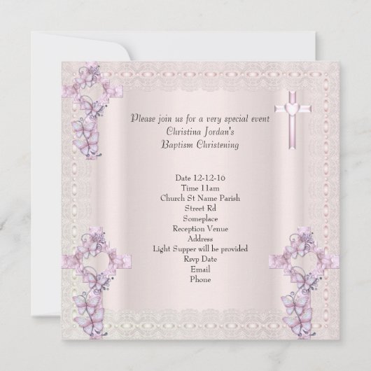 バプティスクリームピンククロスガールフォト《キリスト教》洗礼式や命名式 招待状 (裏面)