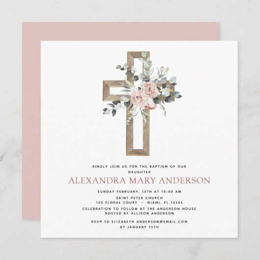 バプティスグリーンダスティピンクローズクロス 招待状 (正面/裏面)