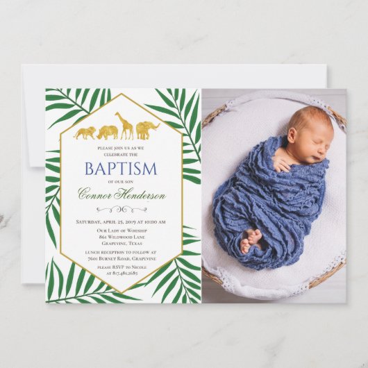 バプティスグリーンリーフジャングルサファリフォト招待状 招待状 (正面)