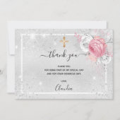 バプティスシルバーグリッターピンク花模様写真少女 サンキューカード (正面)