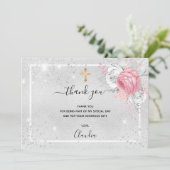 バプティスシルバーグリッターピンク花模様写真少女 サンキューカード (スタンド正面)