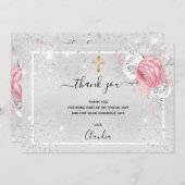 バプティスシルバーグリッターピンク花模様写真少女 サンキューカード (正面/裏面)