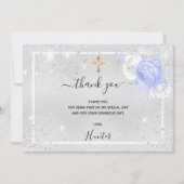 バプティスシルバーグリッターブルー花模様写真少年 サンキューカード (正面)