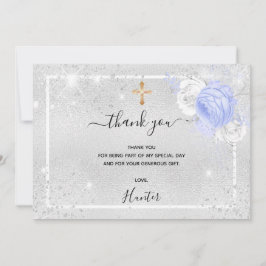 バプティスシルバーグリッターブルー花模様写真少年 サンキューカード