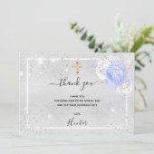 バプティスシルバーグリッターブルー花模様写真少年 サンキューカード (スタンド正面)