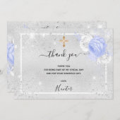 バプティスシルバーグリッターブルー花模様写真少年 サンキューカード (正面/裏面)
