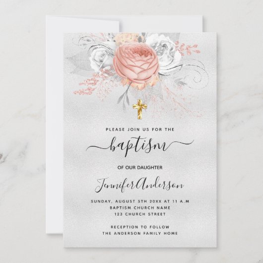 バプティスシルバーバラ金ゴールド花模様ガールエレガント 招待状 (正面)