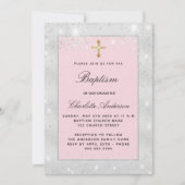 バプティスシルバーピンクグリッターガールクロスラグジュアリー 招待状 (正面)