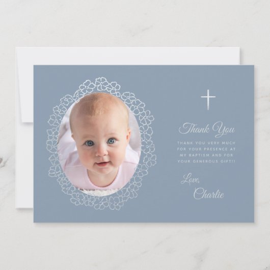 バプティスダスティブルーフォトフローラリースフェイクシルバー サンキューカード (正面)