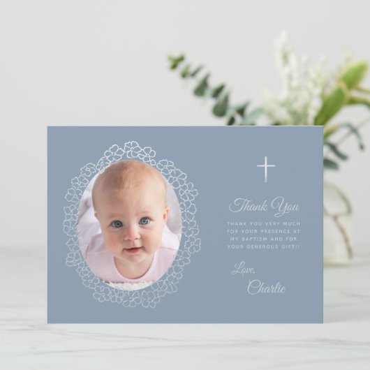 バプティスダスティブルーフォトフローラリースフェイクシルバー サンキューカード (スタンド正面)