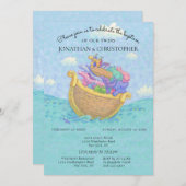 バプティスノアの箱舟ツインベビーアニマルブルー 招待状 (正面/裏面)