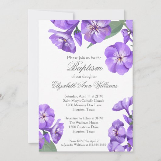 バプティスパープルフローラ水彩かわいらし招待状 招待状 (正面)