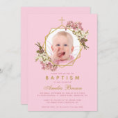 バプティスピンクガール写真オーキッドフローラ幾何学 招待状 (正面/裏面)