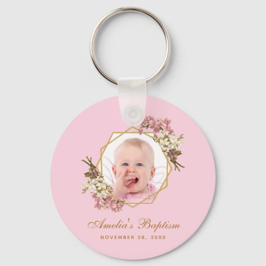 バプティスピンクガール写真フローラ蘭金ゴールドクロス キーホルダー (正面)