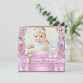 バプティスピンククロスガールフォト《キリスト教》洗礼式や命名式シューズ 招待状 (スタンド正面)