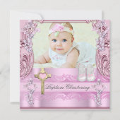 バプティスピンククロスガールフォト《キリスト教》洗礼式や命名式シューズ 招待状 (正面)