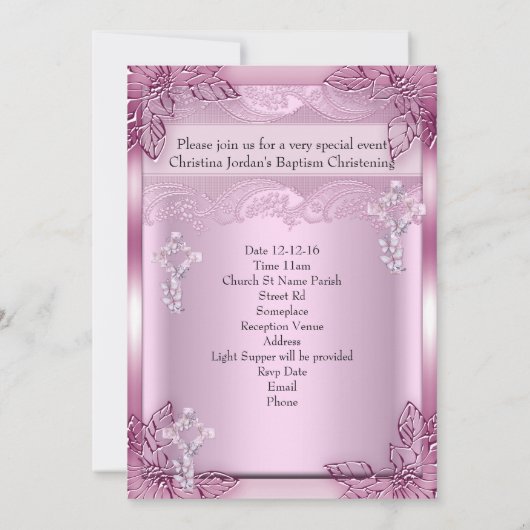 バプティスピンククロスガールフォト《キリスト教》洗礼式や命名式フローラ 招待状 (裏面)