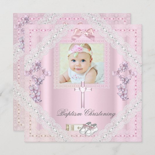 バプティスピンククロスガールフォト《キリスト教》洗礼式や命名式レース2 招待状 (正面/裏面)