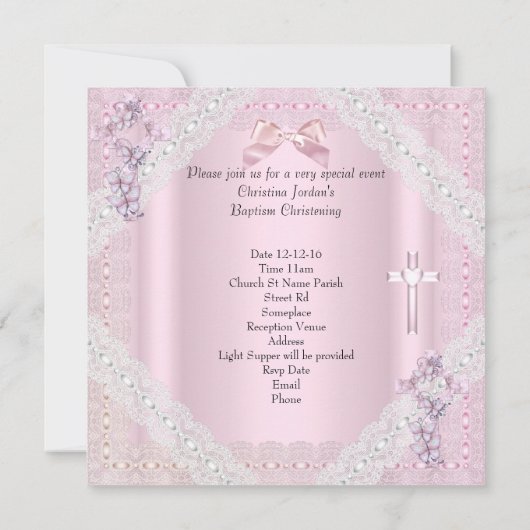 バプティスピンククロスガールフォト《キリスト教》洗礼式や命名式レース2 招待状 (裏面)