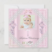 バプティスピンククロスガールフォト《キリスト教》洗礼式や命名式レース2 招待状 (正面)