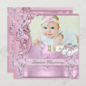 バプティスピンククロスガールフォト《キリスト教》洗礼式や命名式 招待状 (正面/裏面)