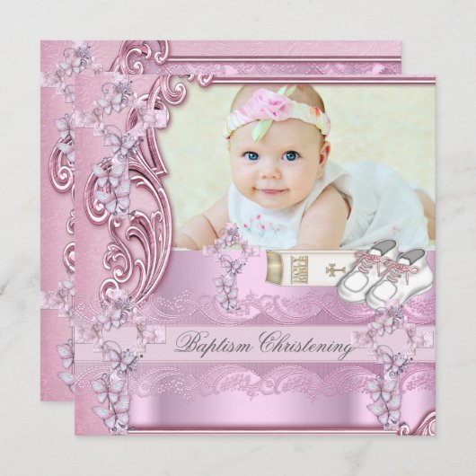 バプティスピンククロスガールフォト《キリスト教》洗礼式や命名式 招待状 (正面/裏面)
