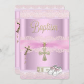 バプティスピンククロスガールレース《キリスト教》洗礼式や命名式2a 招待状 (正面/裏面)