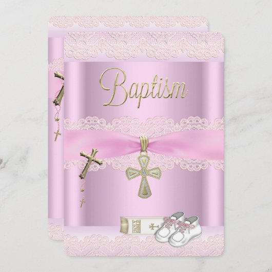 バプティスピンククロスガールレース《キリスト教》洗礼式や命名式2a 招待状 (正面/裏面)