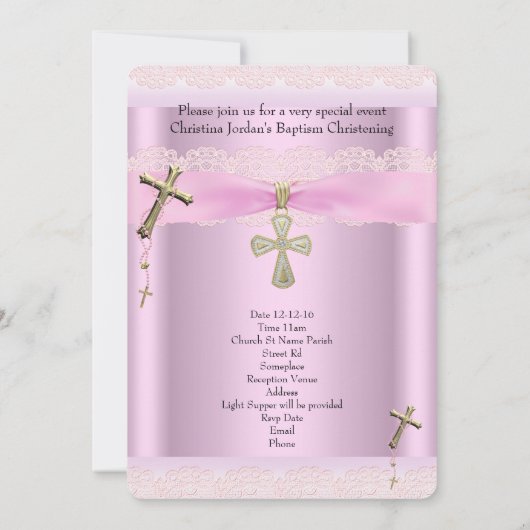 バプティスピンククロスガールレース《キリスト教》洗礼式や命名式2a 招待状 (裏面)