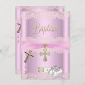 バプティスピンククロスガールレース《キリスト教》洗礼式や命名式 招待状 (正面/裏面)