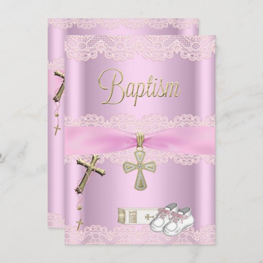 バプティスピンククロスガールレース《キリスト教》洗礼式や命名式 招待状 (正面/裏面)